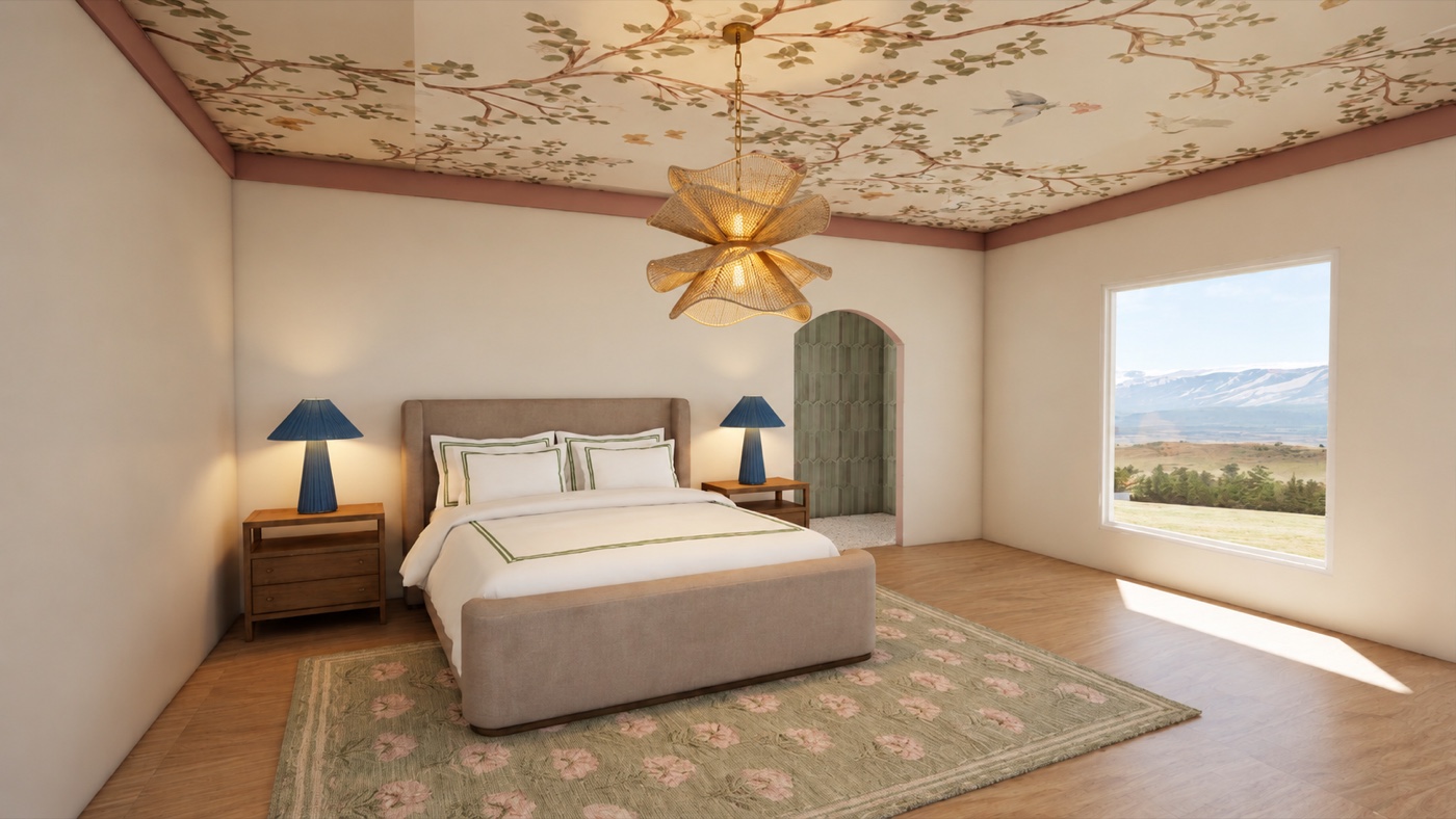 Bedroom with hand-painted botanical ceiling and woven pendant
