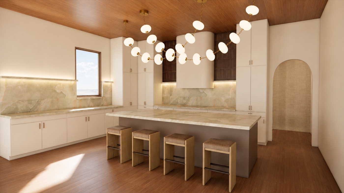 Kitchen with onyx island and backsplash, wood-panelled ceiling and glass globe chandelier