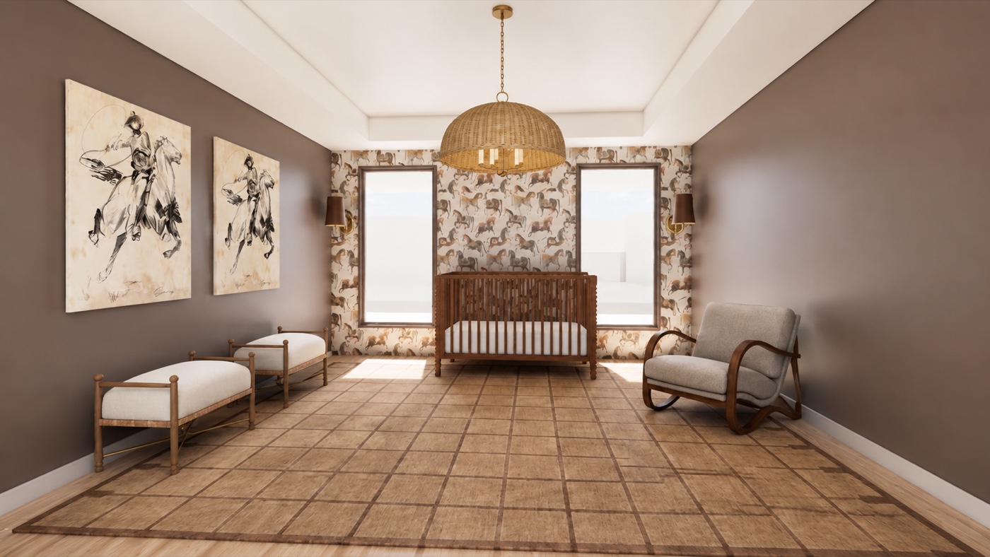 Nursery with equestrian wallpaper and rattan pendant