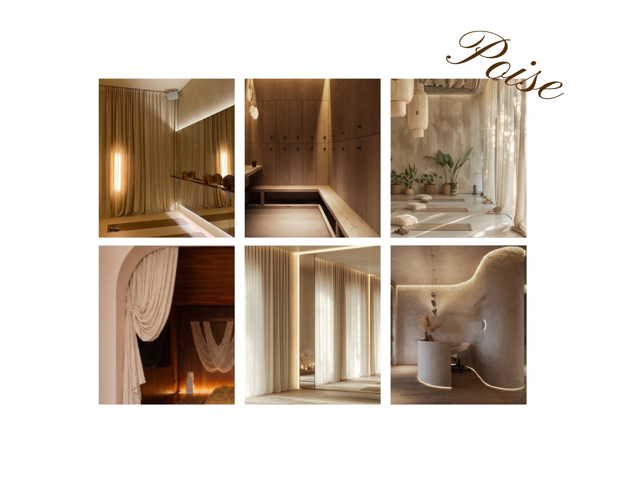 Poise Yoga concept board — reference interiors in plaster, oak and linen