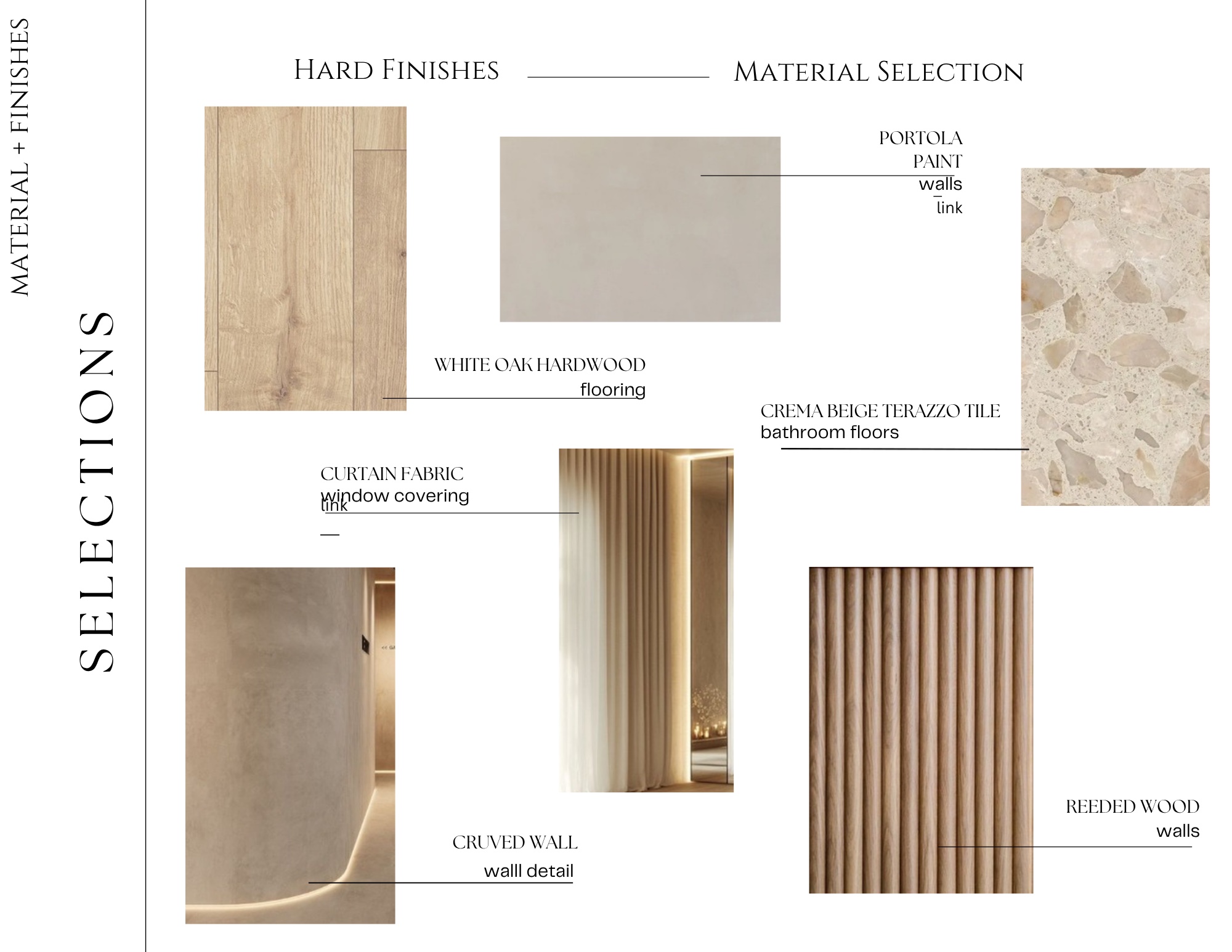 Poise Yoga hard finishes board — white oak, Portola paint, terrazzo, curtain fabric, reeded wood