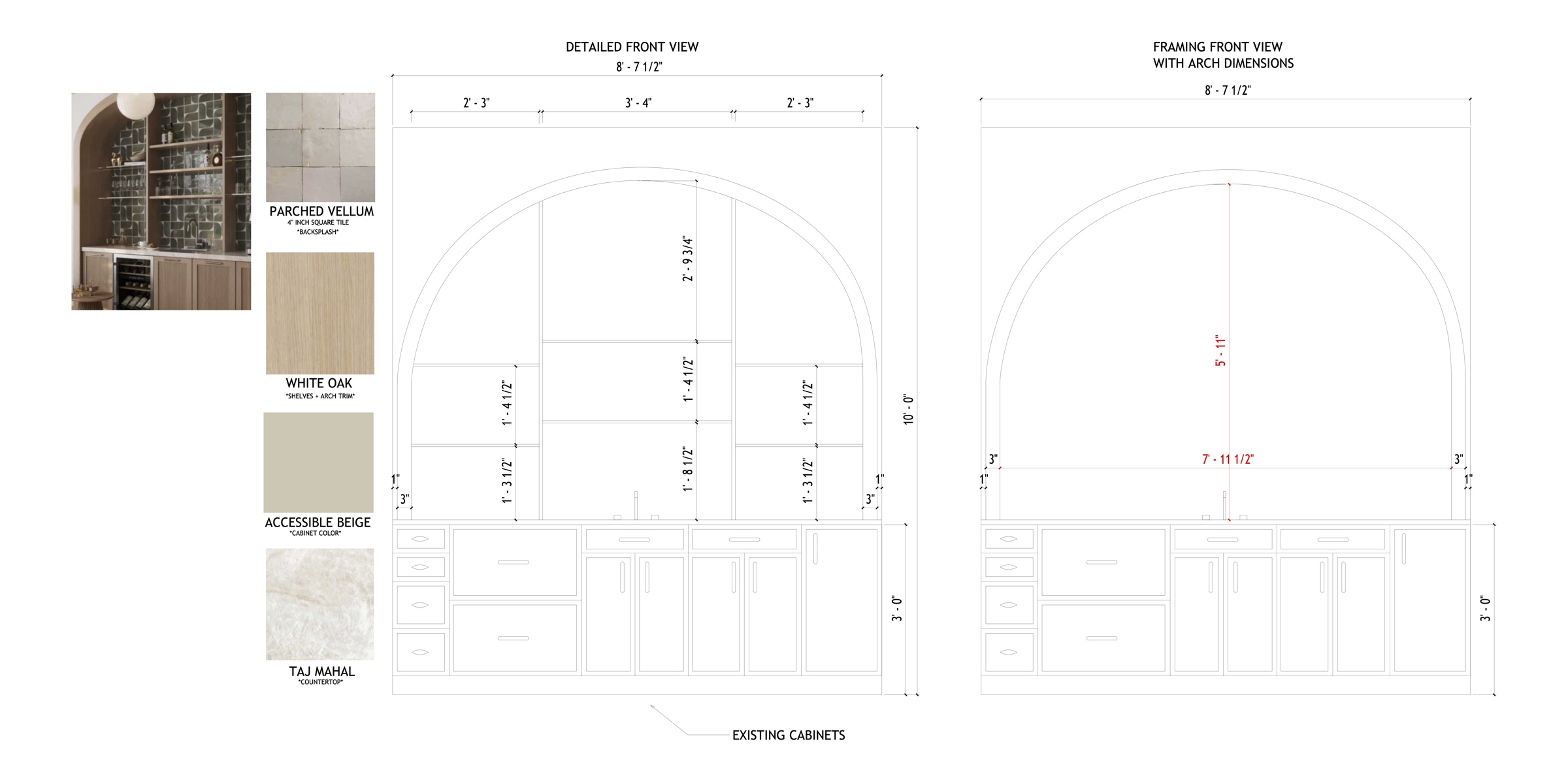 Arched bar elevation — detailed front view and framing front view with arch dimensions, plus material selections