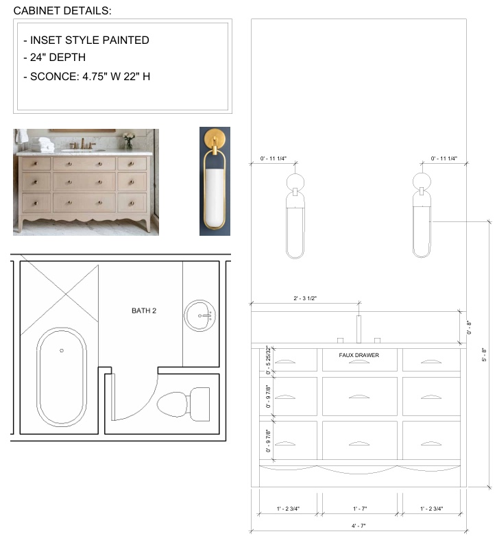 Bath vanity elevation with scalloped apron, faux drawer and sconce placement, plus bath floor plan