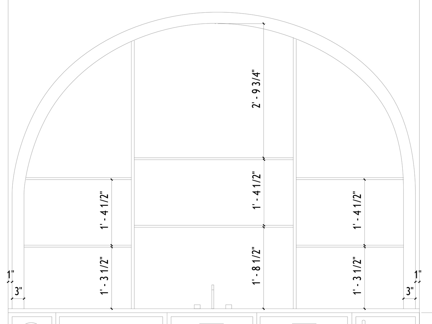 Arched bar elevation — dimensioned shelf bays inside a 10-foot arch