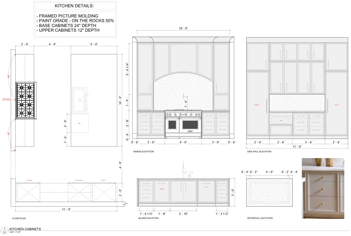 Kitchen cabinet drawing set — floor plan, range elevation, side wall elevation, island and waterfall elevations