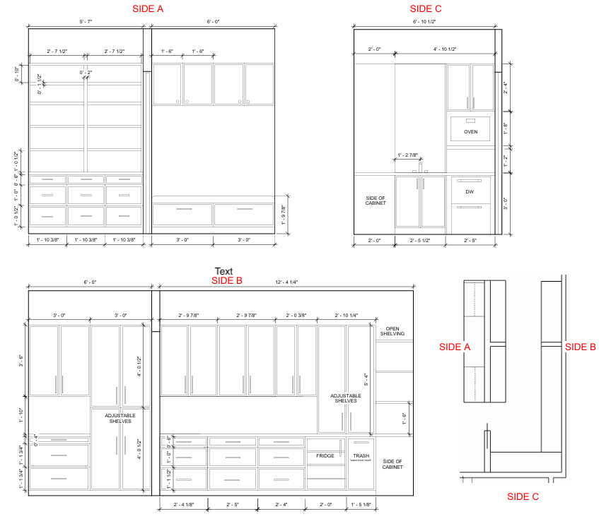 Pantry and utility elevations — sides A, B and C with oven, dishwasher, refrigerator and adjustable shelving