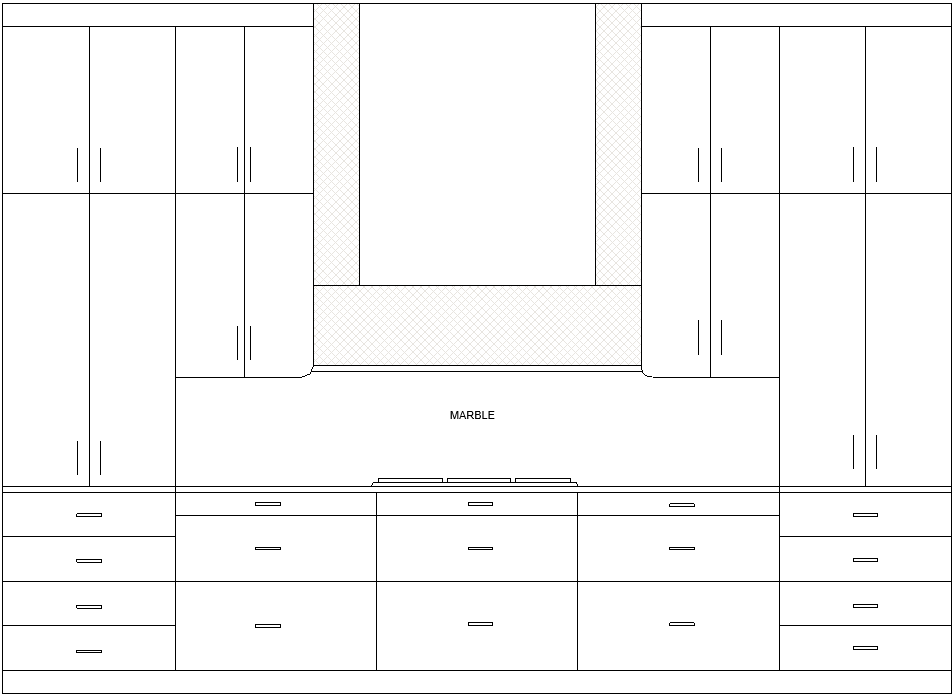 Range wall elevation with marble hood surround and flanking tall cabinets