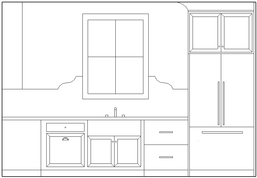 Sink wall elevation with window above apron sink and panel-front refrigerator
